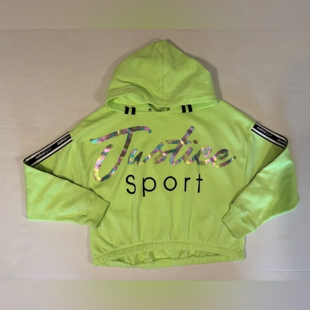 Justice Sport cropped lime green hoodie metallic graphic logo size girls XL